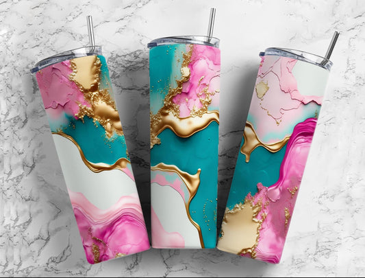 Elegant Marble Tumbler - Pink, Turquoise & Gold Abstract Design, 20oz