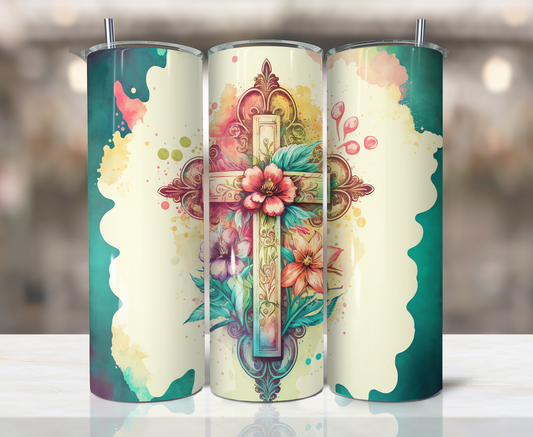 Watercolor Vintage Cross with Flowers Christian, Skinny Tumbler with Straw, 20oz