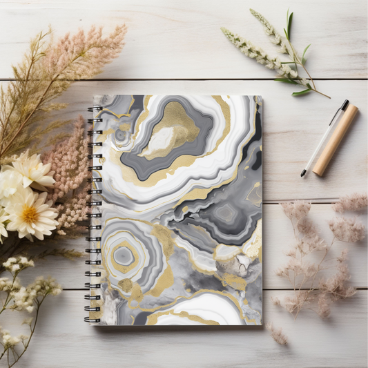 Gold grey and white swirl journal or Notebook. Boho, minimalist, Notes Spiral Notebook - Ruled Line