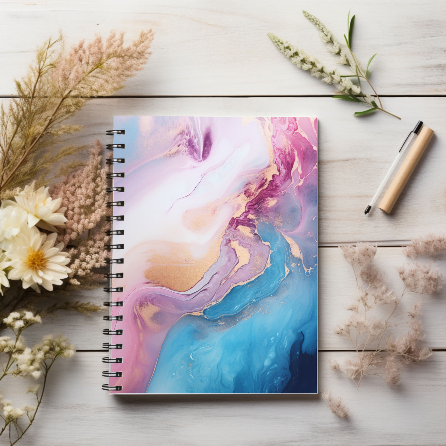 Blue, Pink & Gold Marble journal or Notebook. Boho, minimalist, Notes Spiral Notebook - Ruled Line