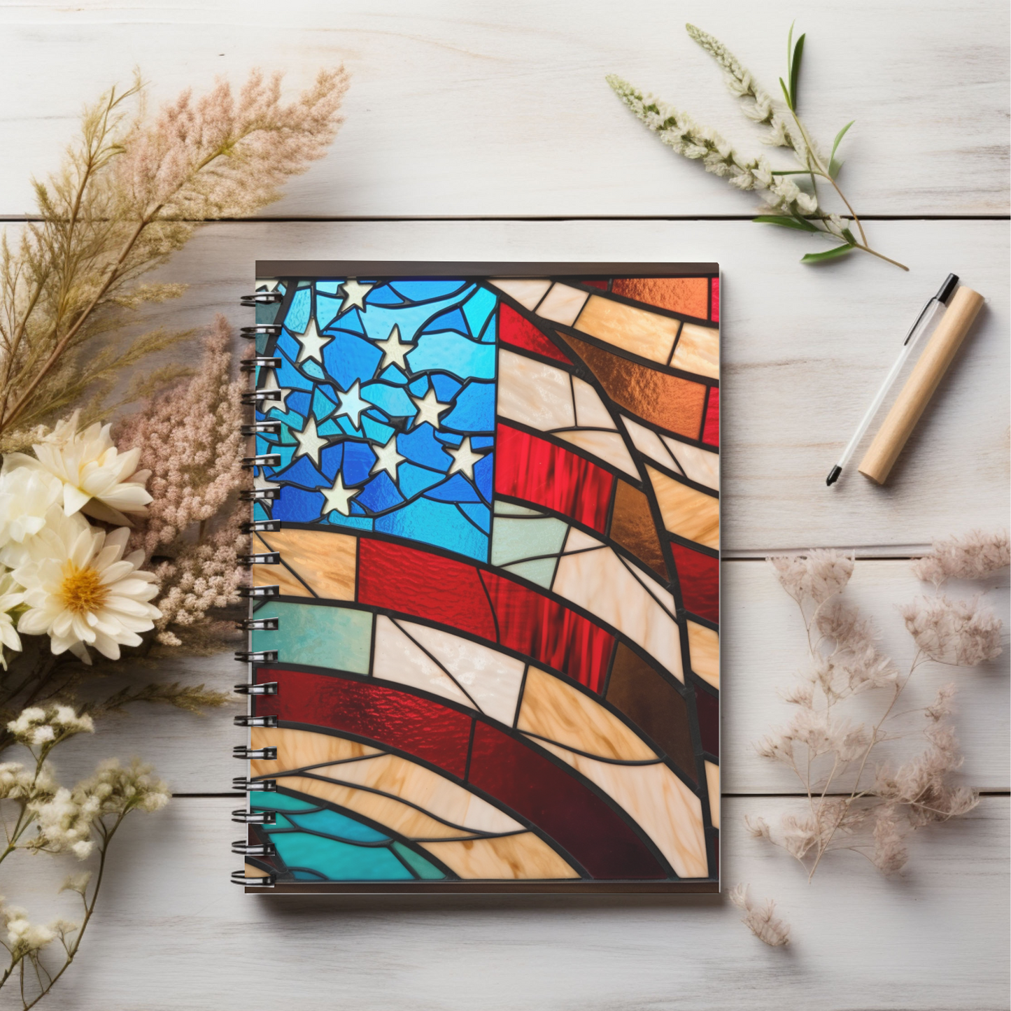 Stained glass USA Flag American Pride journal or Notebook. Boho, minimalist, Notes Spiral Notebook - Ruled Line
