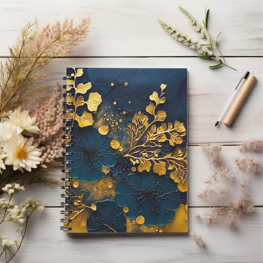 Blue and gold abstract leaf designed journal or Notebook. Boho, minimalist, Notes Spiral Notebook - Ruled Line