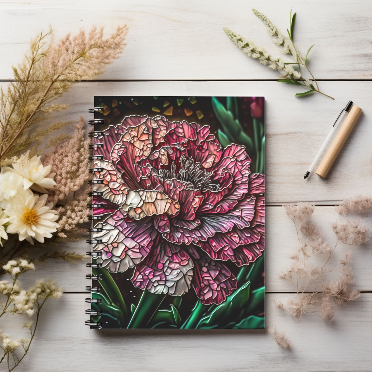 Stained glass pink rose boho designed journal or Notebook. Boho, minimalist, Notes Spiral Notebook - Ruled Line