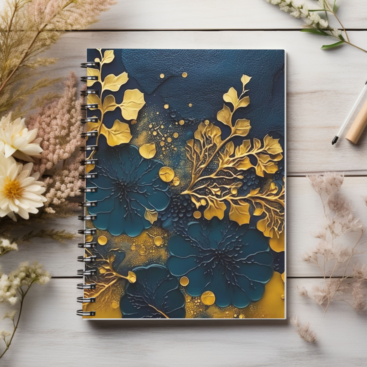 Blue and gold abstract leaf designed journal or Notebook. Boho, minimalist, Notes Spiral Notebook - Ruled Line