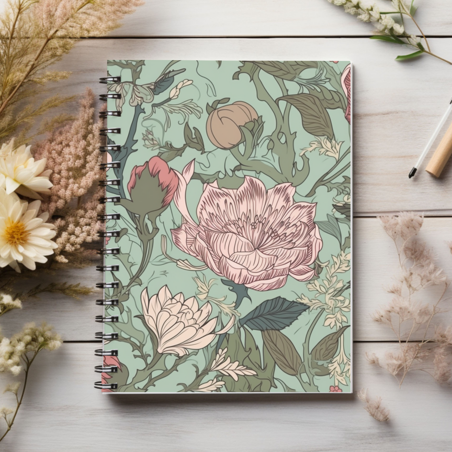 Green Floral Journal or Notebook. Minimalist, Notes Spiral Notebook - Ruled Line