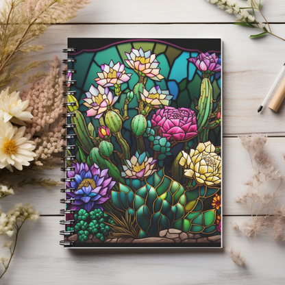 Stained Glass colorful cactus Garden journal or Notebook. Boho, minimalist, Notes Spiral Notebook - Ruled Line