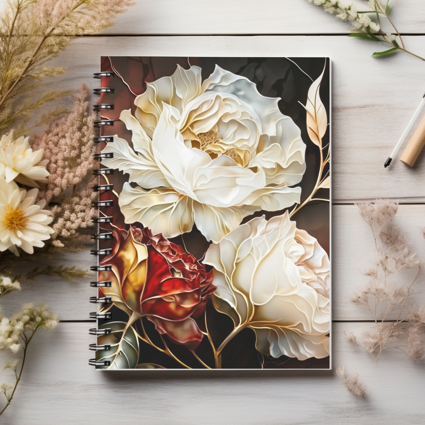Red & White Roses journal or Notebook Minimalist, Notes Spiral Notebook - Ruled Line