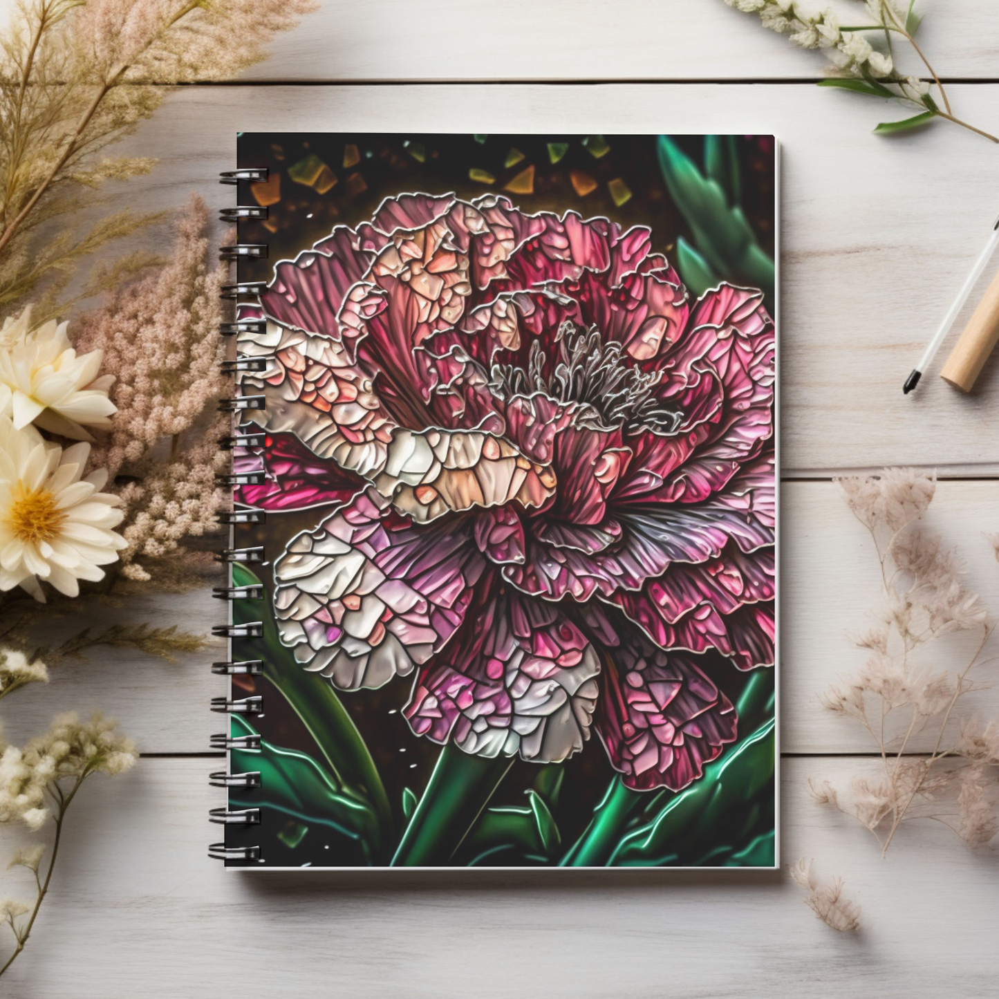 Stained glass pink rose boho designed journal or Notebook. Boho, minimalist, Notes Spiral Notebook - Ruled Line