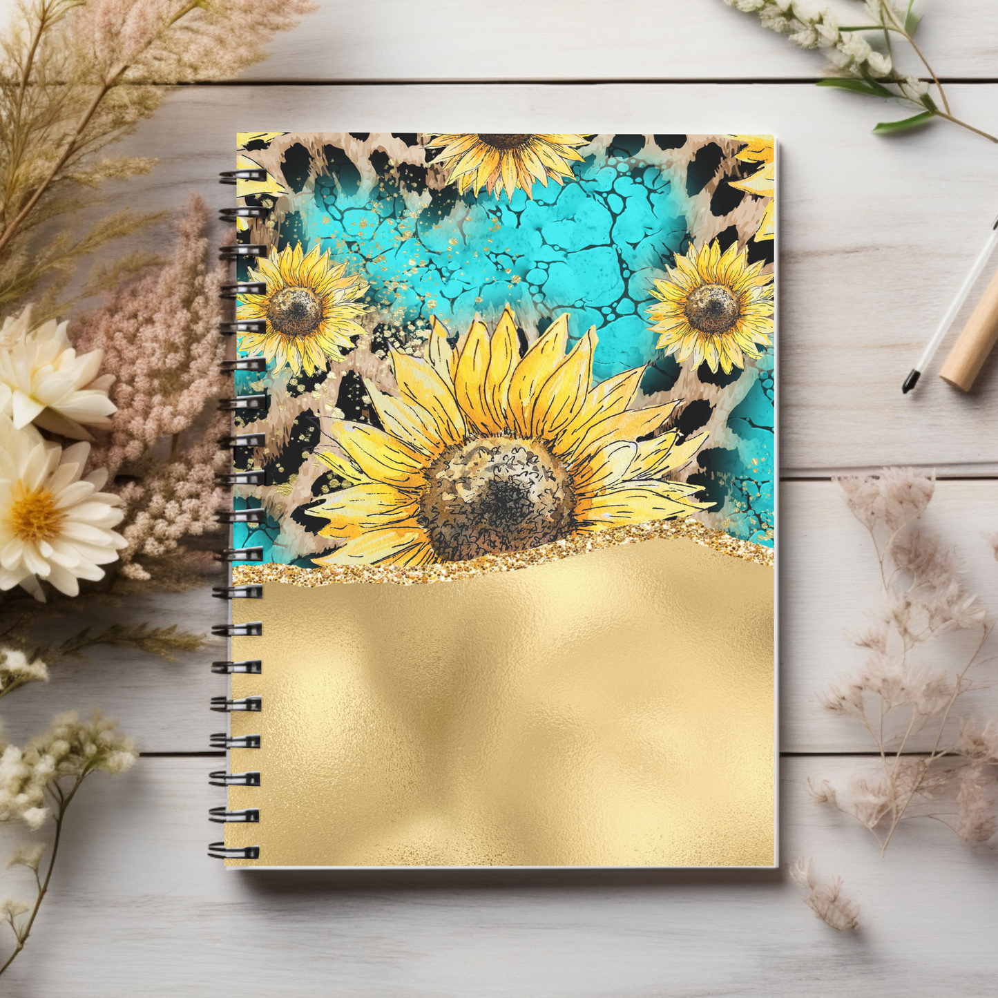 Sunflower & Gold Journal or Notebook. Minimalist, Notes Spiral Notebook - Ruled Line