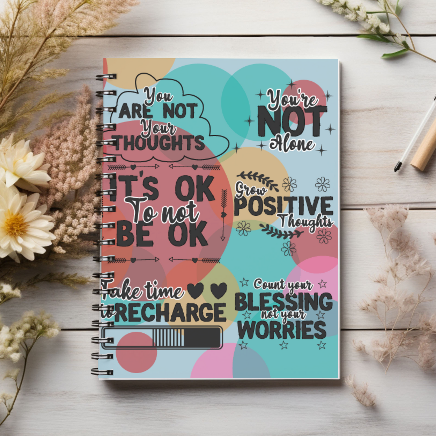 Mental health, positive thoughts love yourself and take care of you. Journal or Notebook. Notes Spiral Notebook - Ruled Line
