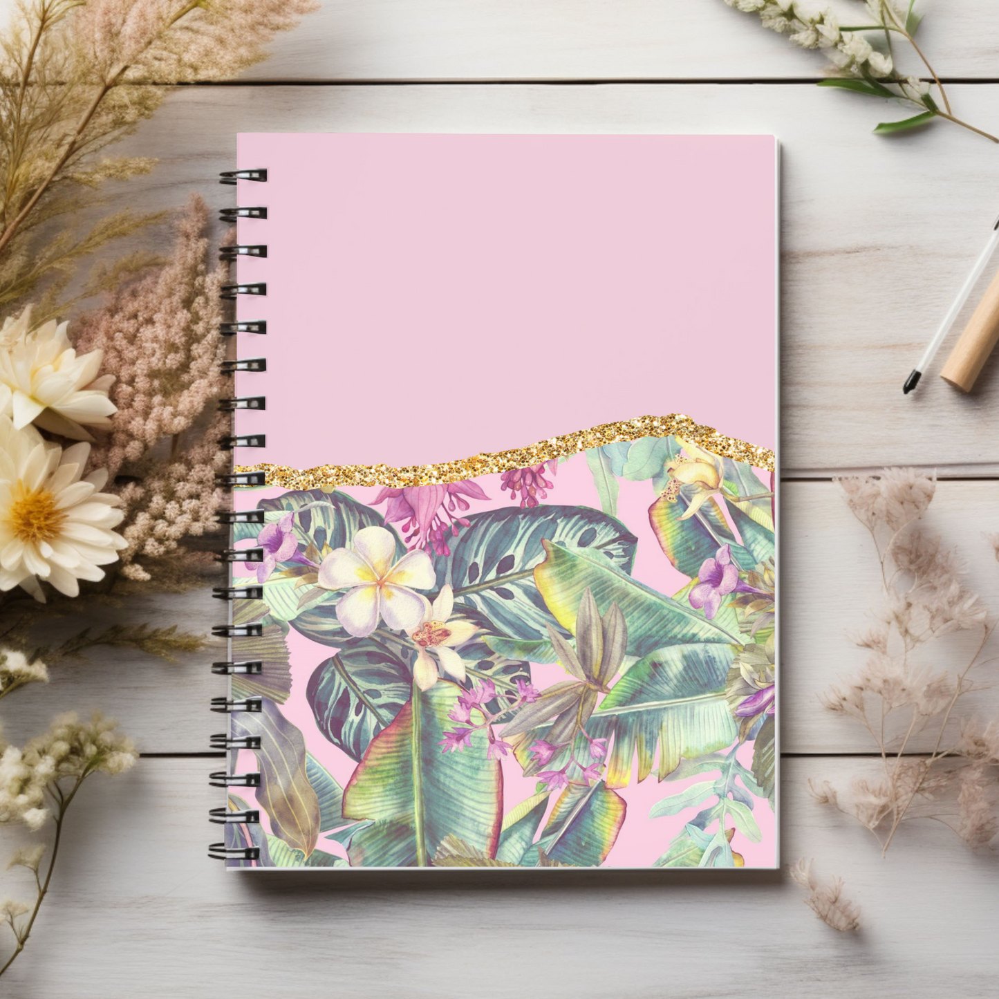 Pink Floral Journal or Notebook. Minimalist, Notes Spiral Notebook - Ruled Line