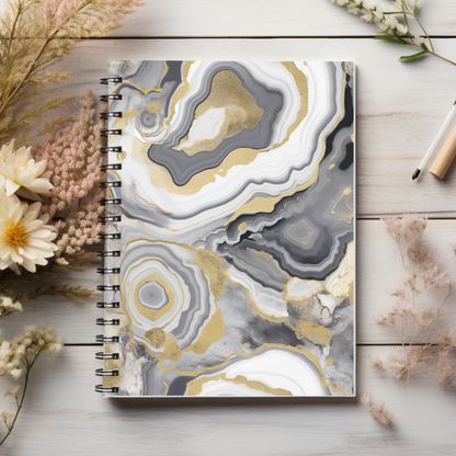 Gold grey and white swirl journal or Notebook. Boho, minimalist, Notes Spiral Notebook - Ruled Line