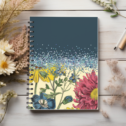 Blue & Glitter floral  journal or Notebook.  minimalist, Notes Spiral Notebook - Ruled Line