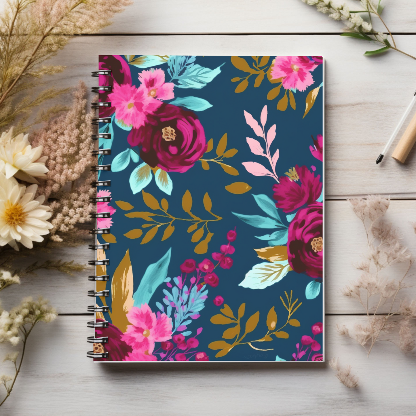 Pink Blue & Purple Floral  journal or Notebook.  minimalist, Notes Spiral Notebook - Ruled Line