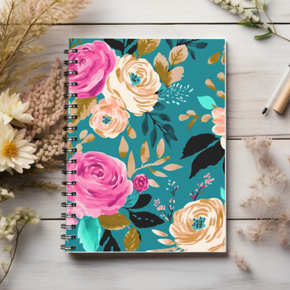 Beautiful floral, pink peach, and teal journal or Notebook.  minimalist, Notes Spiral Notebook - Ruled Line