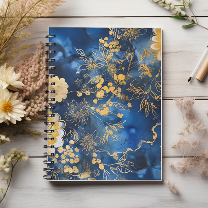 Golden blue floral journal or Notebook. Notes Spiral Notebook - Ruled Line