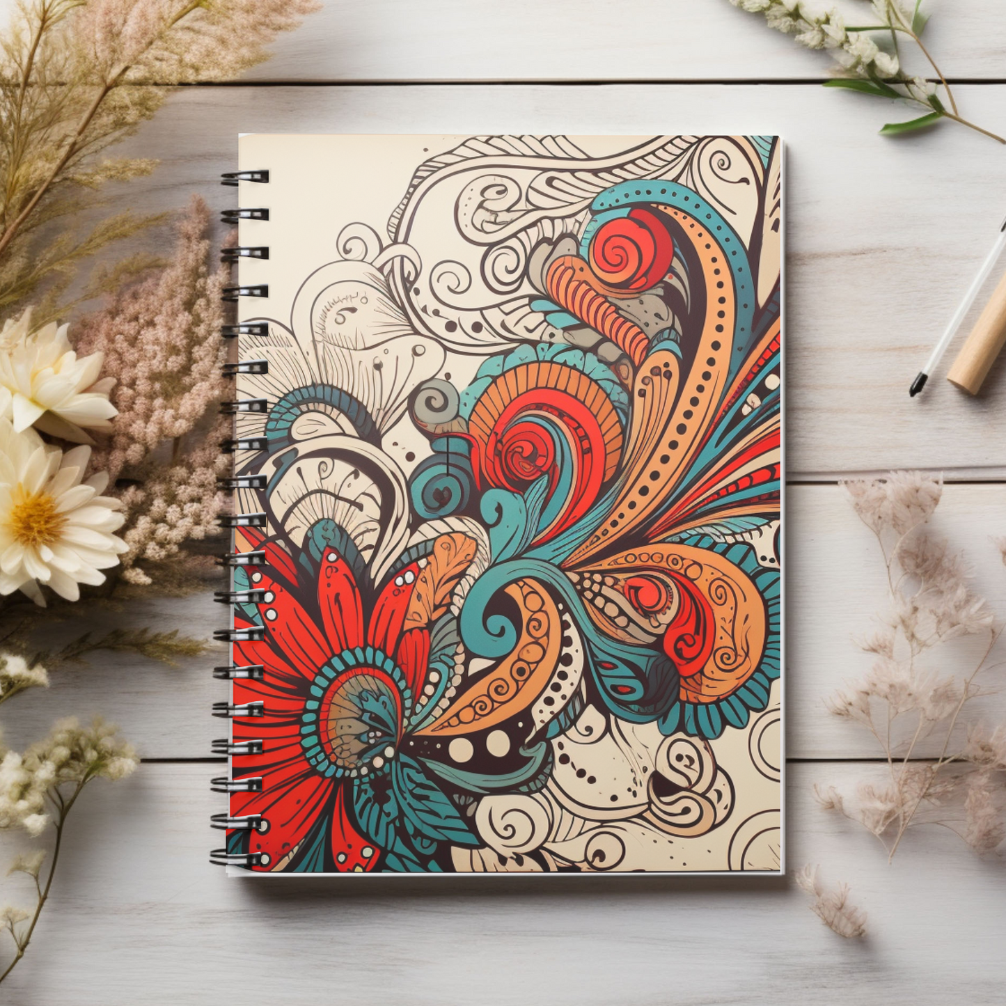 Artistic swirl notebook, colorful, red and beige, dark turquoise and amber, high detailed, meticulous design Journal/Notes Spiral Notebook - Ruled Line