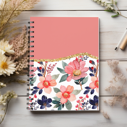Pink, Blue & Green Floral Journal or Notebook. Minimalist, Notes Spiral Notebook - Ruled Line
