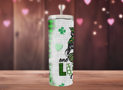 Lucky Mama, Messy Bun St Pattricks Day Skinny Tumbler, 20oz